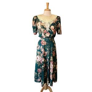 Lisa II Vintage Cottagecore Floral Feminine Collar Day Dress Women's 10 Teal